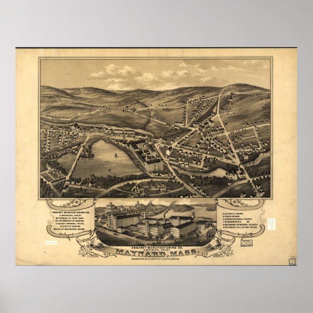 Poster Maynard Massachusetts 1879 Carte panoramique antiq (Devant)