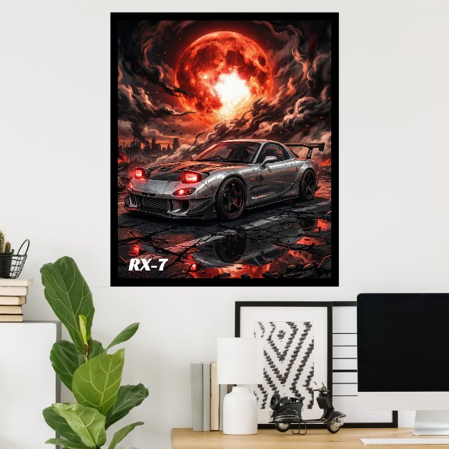 Poster Mazda RX-7 sous une lune cramoisie (Bureau à domicile)