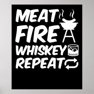 Poster Meat Fire Whiskey Repeat   Funny Saying Meat BBQ