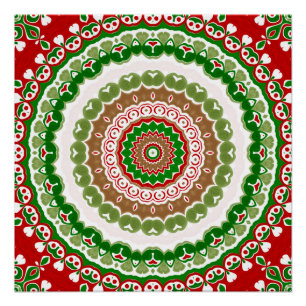 Poster Médaille Mandala de Noël rouge et vert