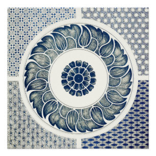 Poster Médaillon Chinois : Chinoiserie Bleu Indigo