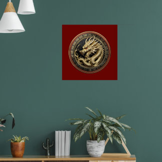 Poster Médaillon de dragon sacré oriental en or