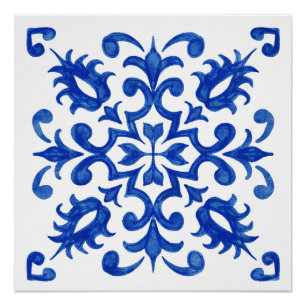 Poster Médaillon rond central en carreau bleu portugais