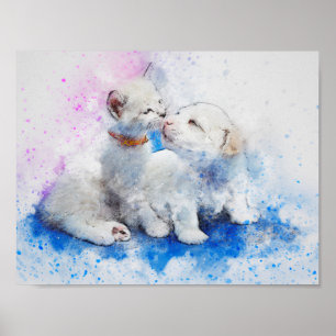 Poster Médias chaton de mélange d'aquarelle et baisers de
