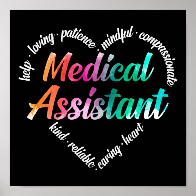 Poster Médicale Assistant Coeur Mot Cloud Aquarelle (Devant)