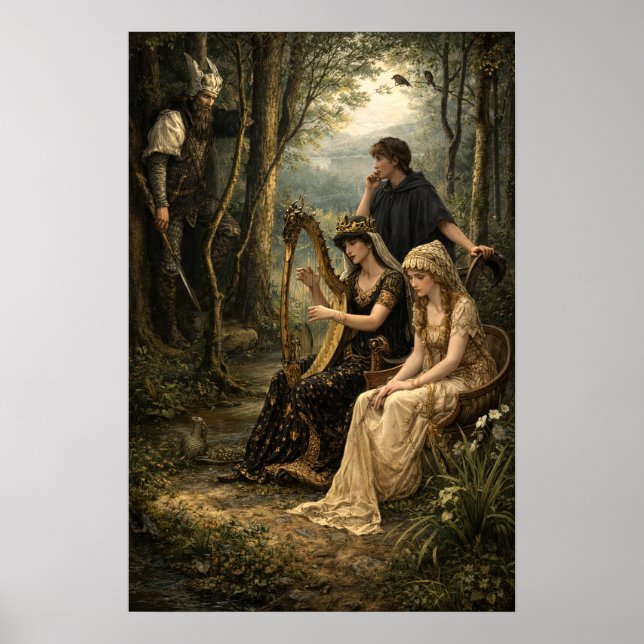 Poster Medieval Fairy Tale Queen In Woods With Harp (Devant)