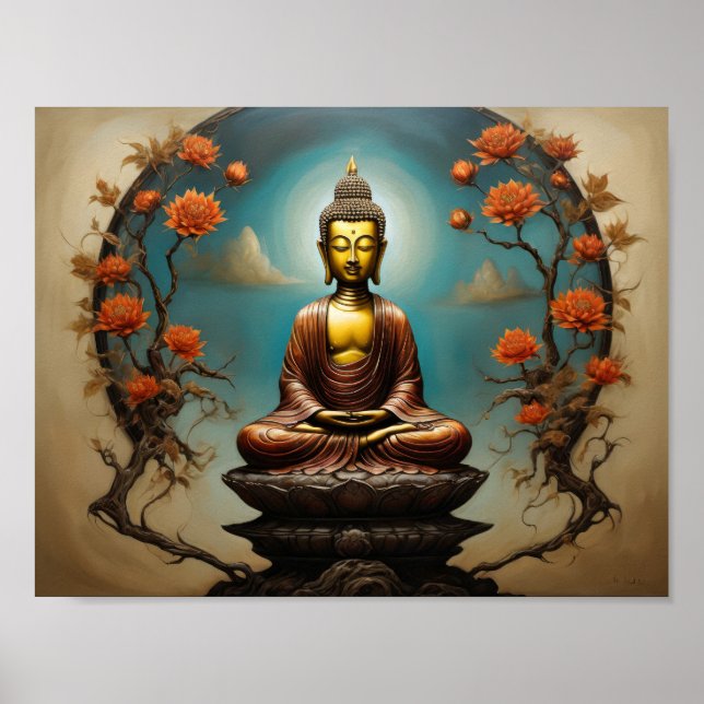 Poster Méditant Bouddha Gautama avec arbre fleuri (Devant)