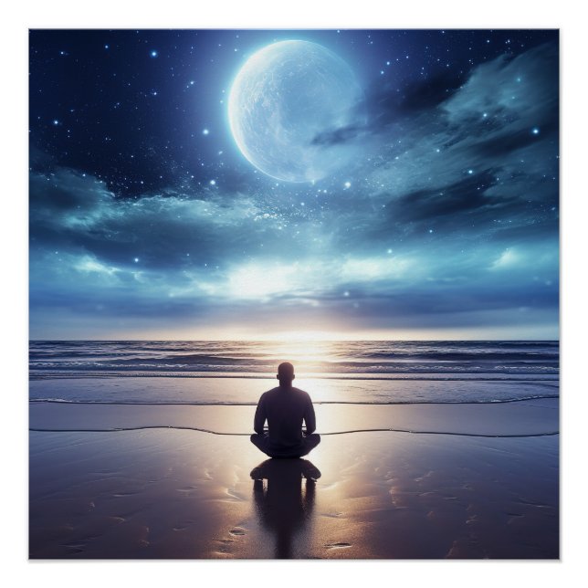 Poster Méditation spirituelle de l'homme sur la plage à l (Devant)