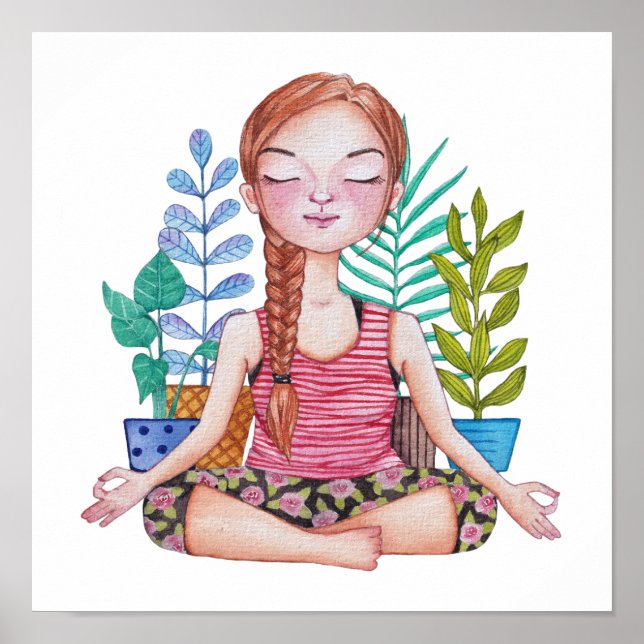 Poster Méditer la fille avec les Plantes (Devant)