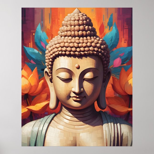 Poster Méditer le portrait de Bouddha | Pixel Art (Devant)