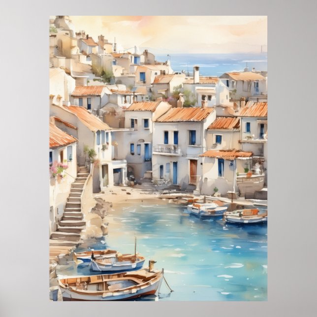 Poster Mediterranean boho watercolor village  (Devant)