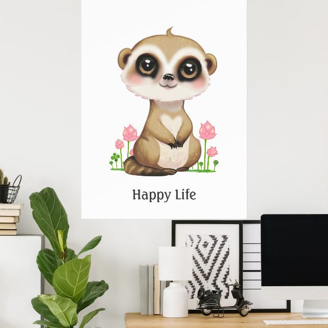 Poster Meerkat mignonne et fleurs heureux (Bureau à domicile)