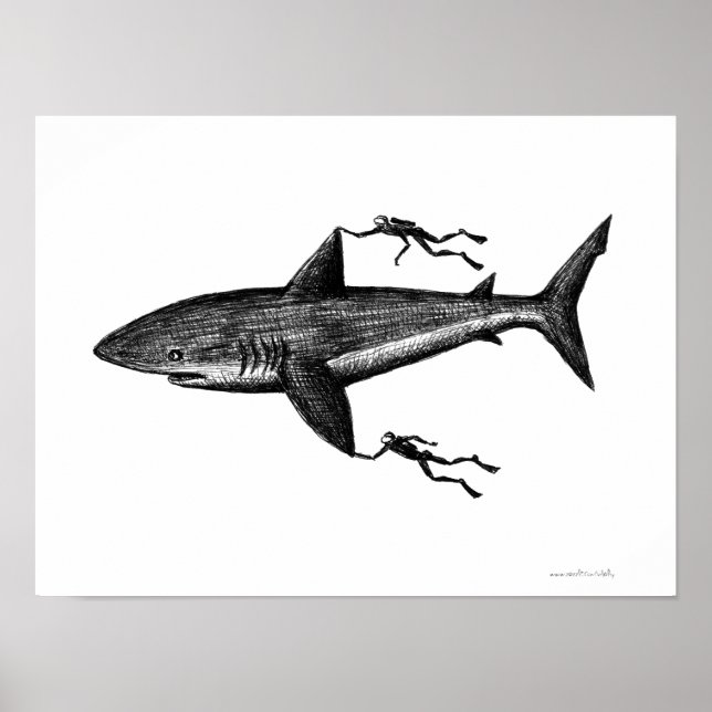 Poster Megalodon requin et plongeurs cool encre dessin (Devant)