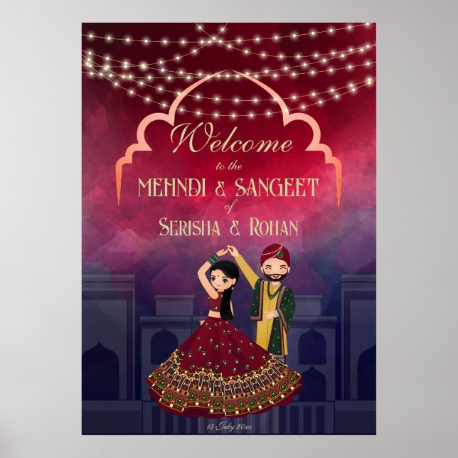 Poster Mehndi Sangeet fée lumières danser couple bienvenu (Devant)