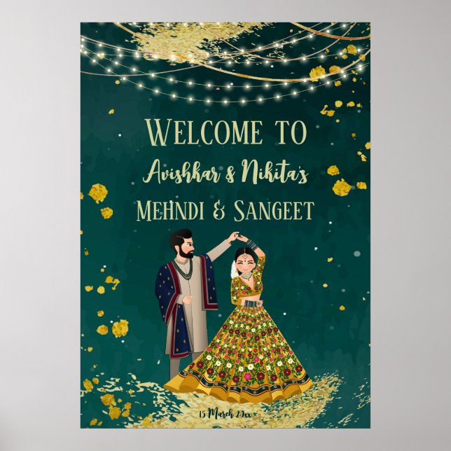 Poster Mehndi sangeet green avec couple dansant bienvenue (Devant)