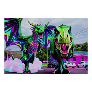 Poster Meilleurs amis - Dragon et dinosaure en promenade