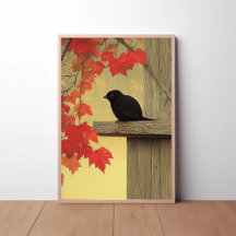 Melampitta d'oiseaux noirs et feuilles d'automne