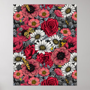 Poster Mélange de fleurs en rouge et gris