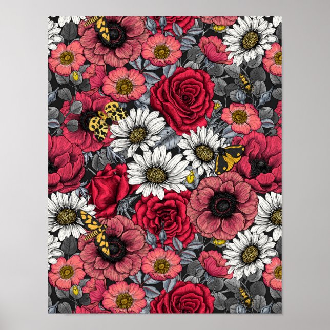 Poster Mélange de fleurs en rouge et gris (Devant)