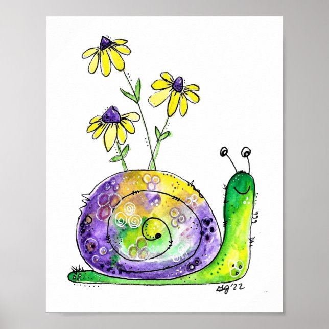 Poster Mélange Whimsical Happy Snail avec Fleurs Jaunes (Devant)