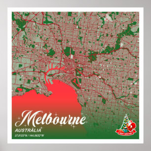 Poster Melbourne - Australie Couleur de Noël Carte de la