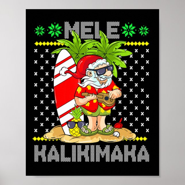Poster Mele Kalikimaka Santa Claus Surfer Guitare Hawaïen (Devant)