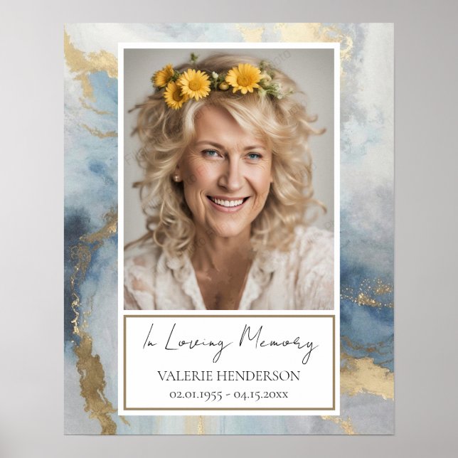 Poster Mémorial bleu et or Photo funéraire Bienvenue Post (Devant)