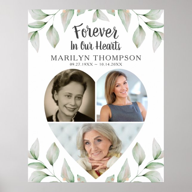 Poster Mémorial Coeur en forme de 3 photos Verdure (Devant)