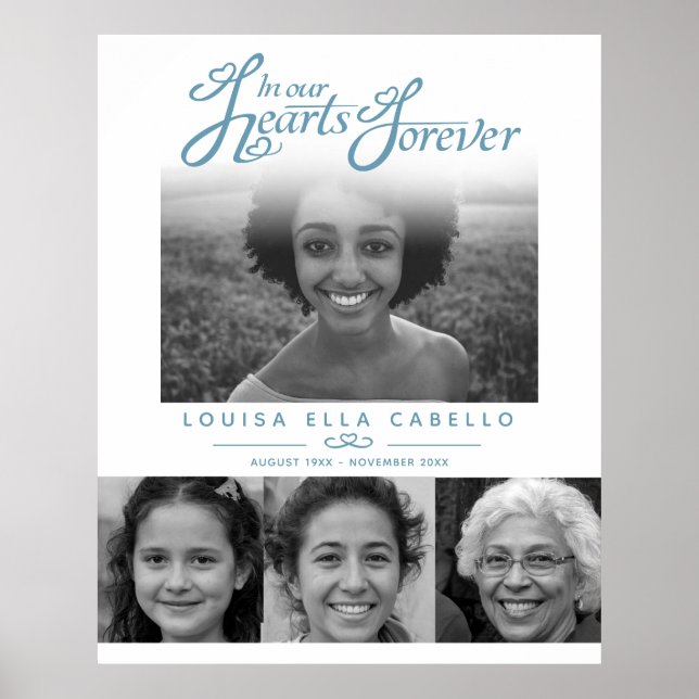 Poster Memorial in hearts photos funeral gray blue white (Devant)