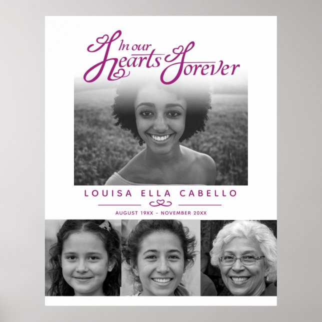 Poster Memorial in hearts photos funeral violet white (Devant)