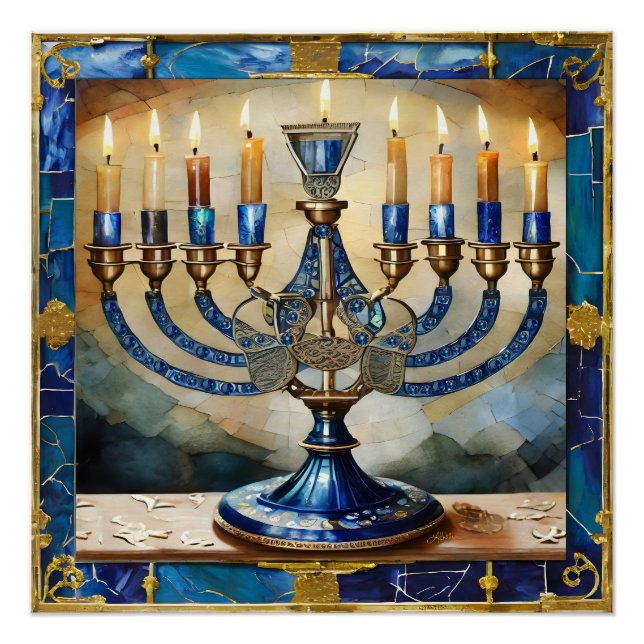 Poster Menorah de Hanukkah bleue (Devant)