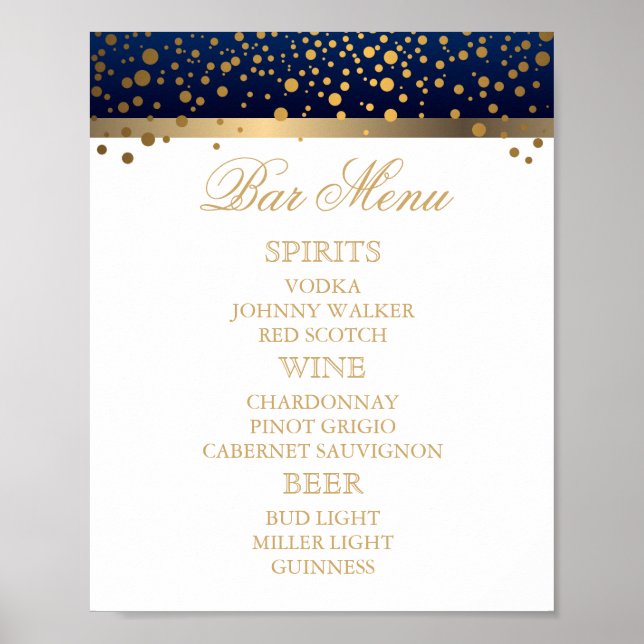Poster Menu à barres - Blanc et bleu marine avec Confetti (Devant)