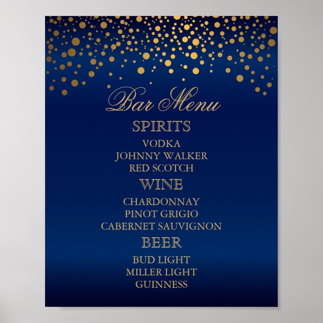 Poster Menu à barres - Points Confetti d'or sur bleu mari (Devant)
