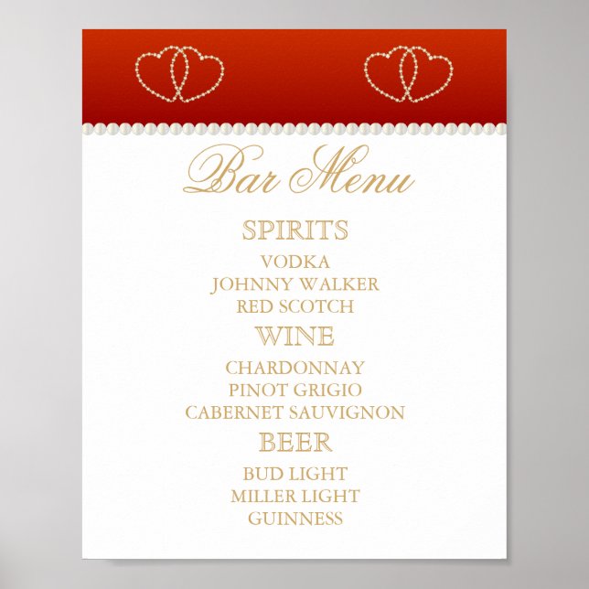 Poster Menu à barres - Rouge profond et blanc avec Coeurs (Devant)
