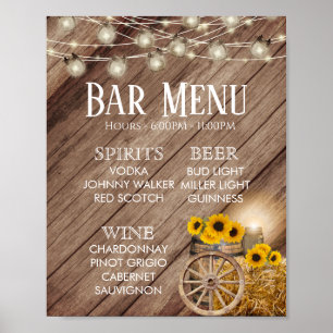 Poster Menu Bar - Baril Rustique en Bois et Tournesols
