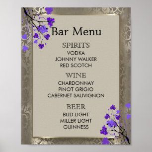 Poster Menu Bar - Floral Violet & Argent Antique Damask