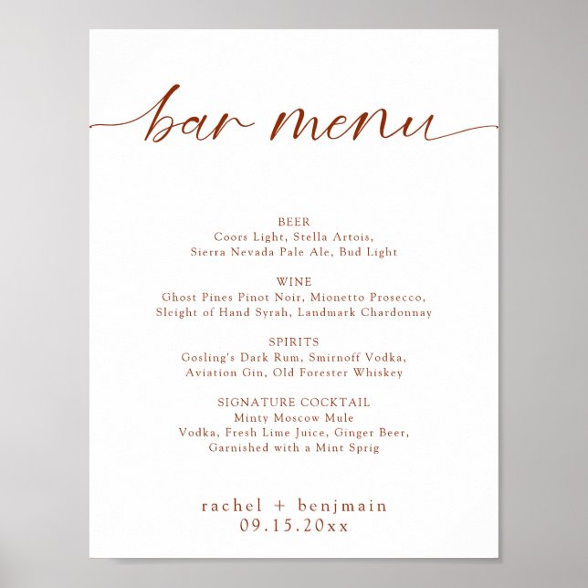 Poster Menu Bar Mariage Terracotta Rouille Automne Minima (Devant)