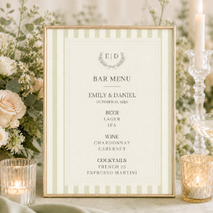 Poster Menu Bar Mariage Vert Sauge Rayé Monogramme