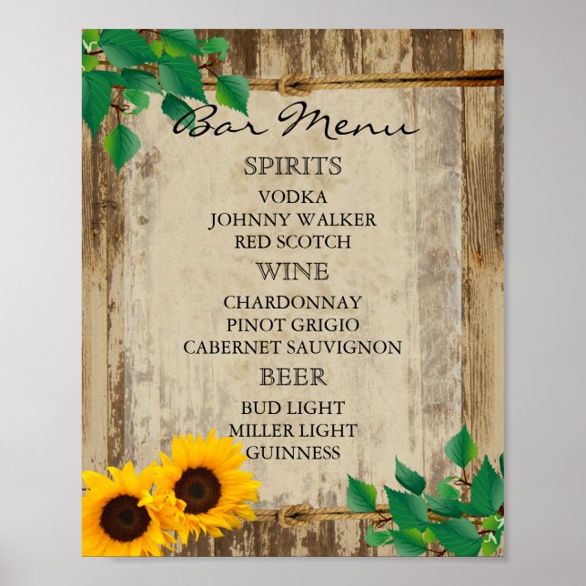 Poster Menu Bar pour un Mariage - Tournesol (Devant)