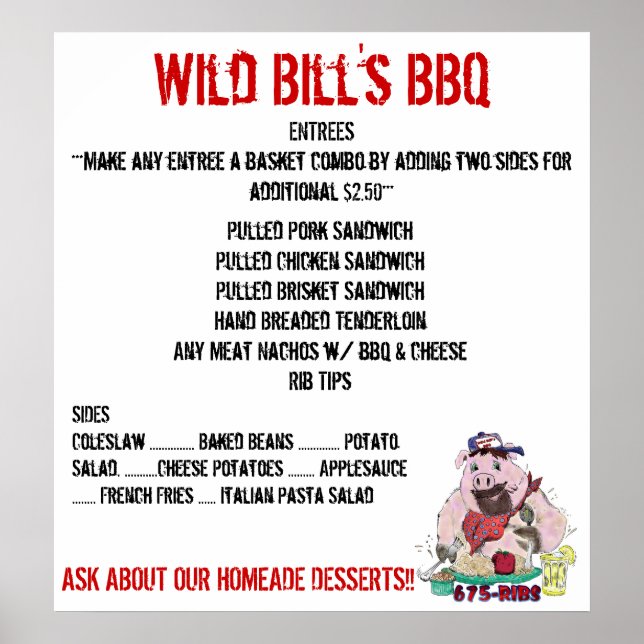 POSTER MENU BARBECUE DE WILD BILL (Devant)
