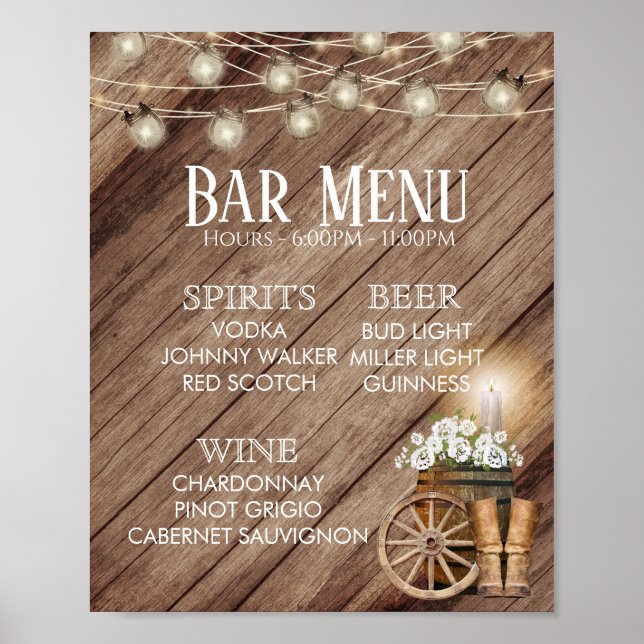 Poster Menu Barre - Mariage en tonneau de bois rustique (Devant)