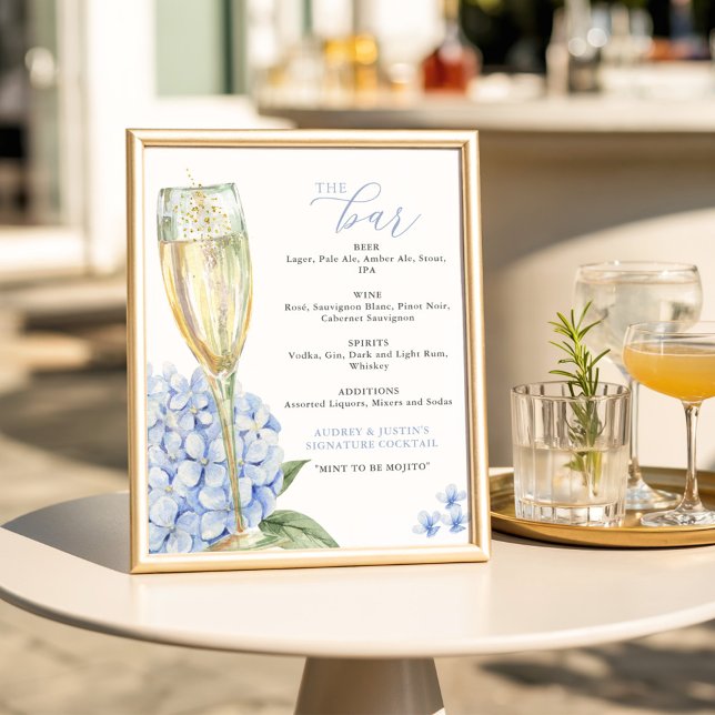 Poster Menu Blue Hydrangeas & Gold Glass Bar (Créateur téléchargé)