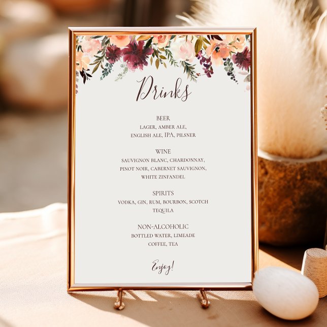 Poster Menu Boissons Mariage Burgundy Orange Floral Beige (Créateur téléchargé)