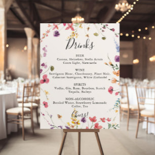 Poster Menu classique de boissons de mariage aux fleurs s