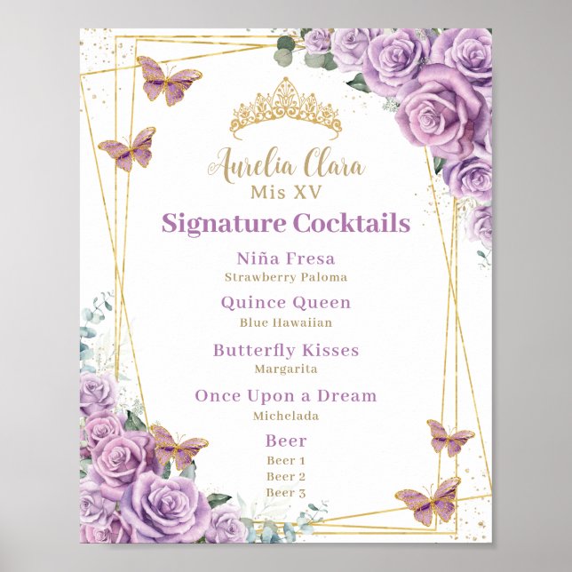 Poster Menu Cocktail Lilac Floral Quinceanera Bar (Devant)