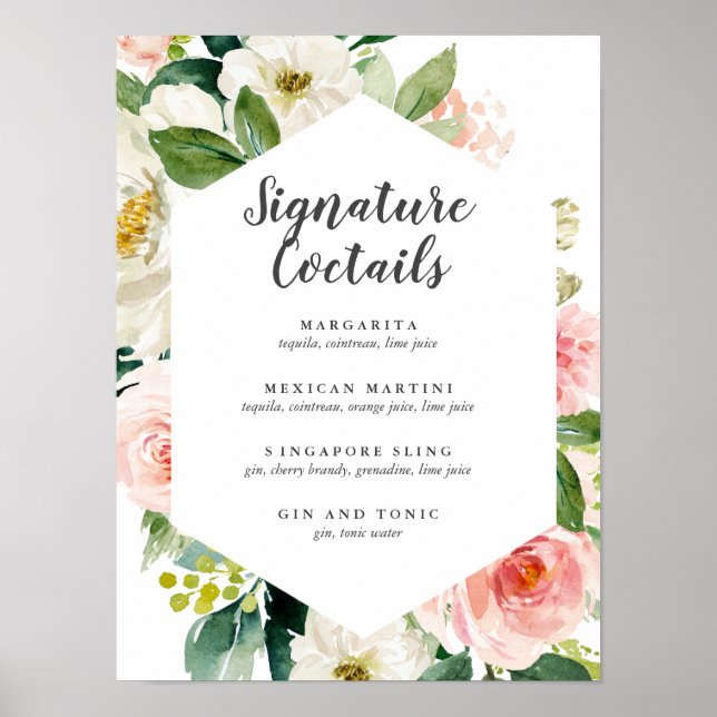 Poster Menu Cocktail signature florale rose vif moderne (Devant)