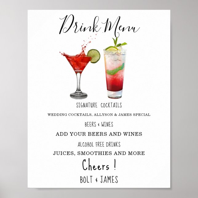 Poster Menu cocktails de boisson mariage moderne illustra (Devant)