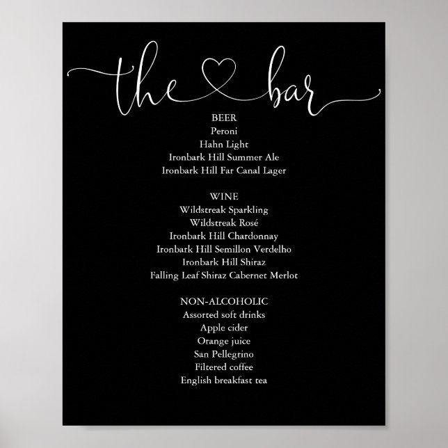 Poster Menu de bar à script cœur noir et blanc (Devant)