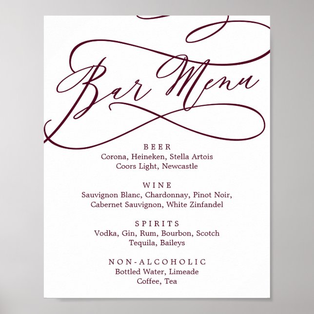 Poster Menu de bar calligraphié texte burgundy romantique (Devant)