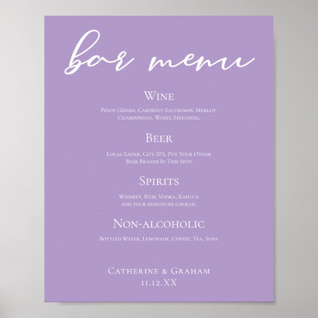 Poster Menu de bar de mariage à typographie blanche et vi (Devant)
